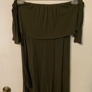 Strapless olive green dress with pockets.